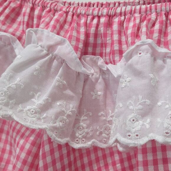 3 Big Notes Vintage Pink Gingham off the shoulder blouse, MEDIUM - Picture 3 of 6